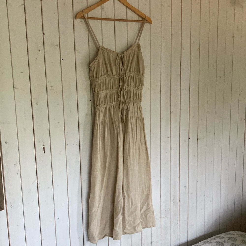 Beige Ruched Midi Dress with Tie Front - Women